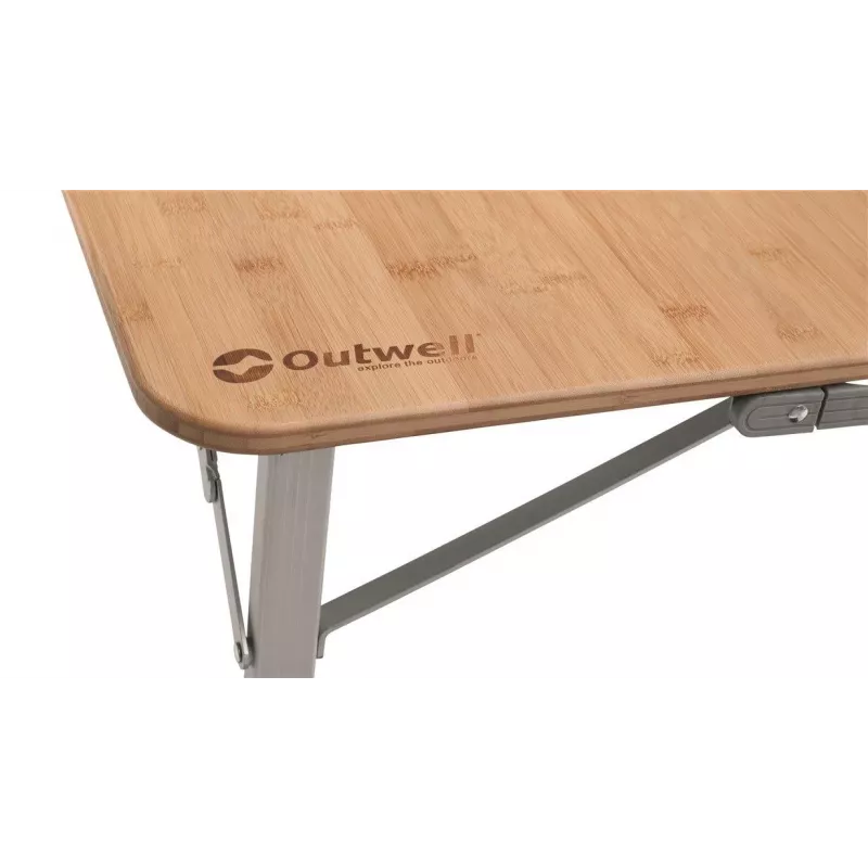 Mesa de campismo Outwell Custer L Brown — tampo em bambu, estrutura em alumínio, 700×1200 mm, 11,5 kg