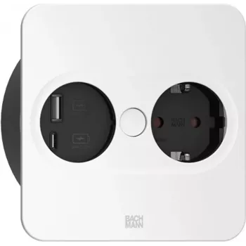 Bachmann TWIST placa de cobertura metálica, quadrada, prateado mate lacado, 1x tomada UTE France preta com proteção de contacto elevada, 1x carregador USB A/C 22W, cabo de ligação 0,2 m H05VV-F3G