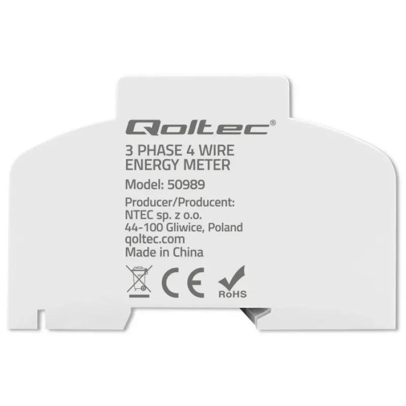 Contador eletrónico bidirecional trifásico Qoltec | Contador de consumo de energia para calha DIN | 400V | 100A | LCD | 4P