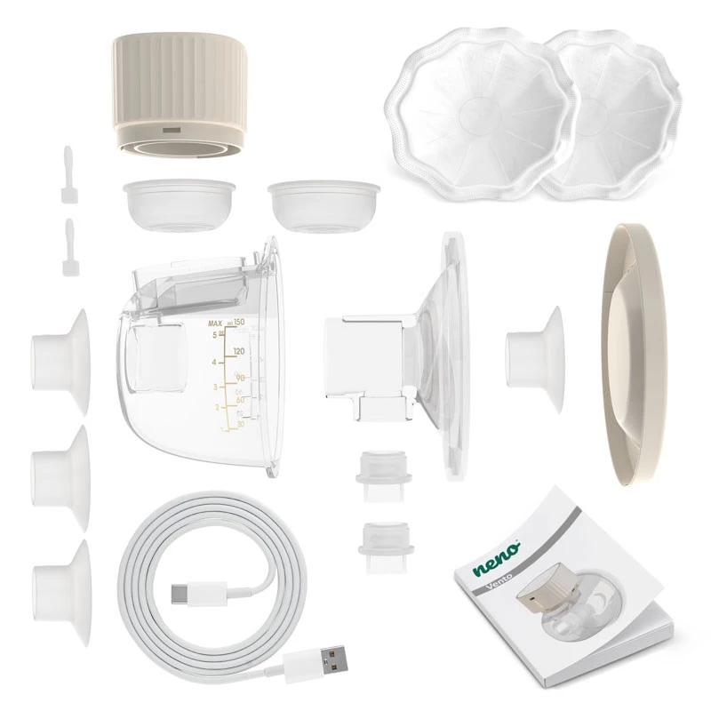 Bomba tira-leite eletrónica sem fios neno VENTO Three-Phase, recarregável, portátil, ecrã LCD, biberão de 150 ml, sem BPA, bege