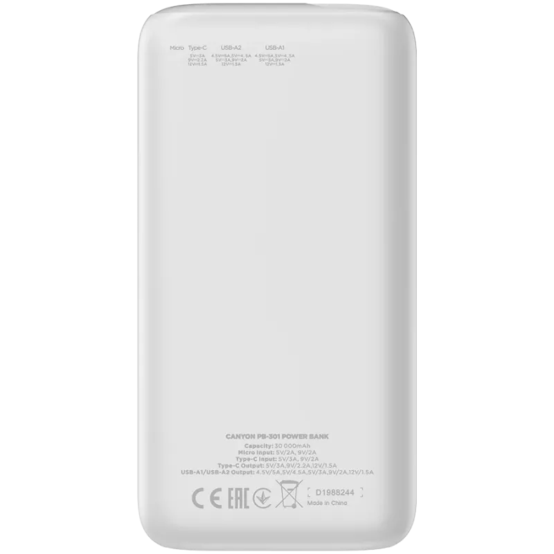 Powerbank CANYON PB-301 LED 30000 mAh PD 20W QC 3.0 branco