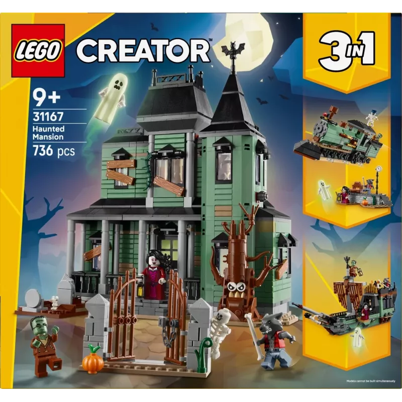 Brinquedo de construção LEGO Creator 3-in-1 modelo Casa Assombrada 31167 – 736 peças, 3 modelos, 5 minifiguras