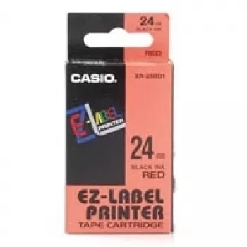 Rolo de etiquetas CASIO XR-24RD1 — etiquetas autoadesivas preto sobre vermelho, 2,4 cm × 8 m, 1 rolo