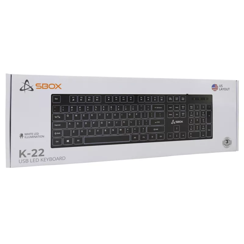 Teclado USB com fios SBOX K-22 US preto — layout US, preto, ligação USB com fios