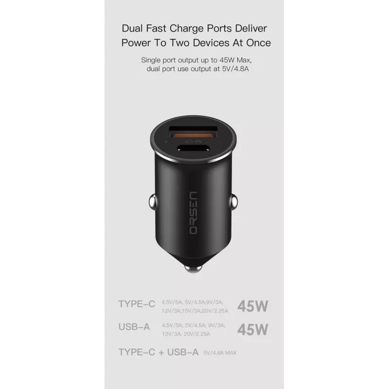 Carregador de automóvel Orsen C8 45W — carregamento rápido USB-C PD 45W, preto