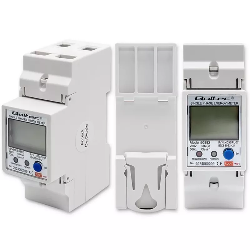 Contador de consumo de energia eletrónico monofásico Qoltec 50882 para calha DIN | Wi-Fi | TUYA | 230V | LCD