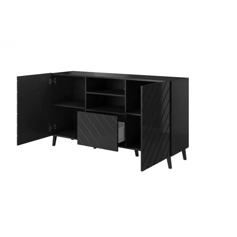 Cómoda cama meble ABETO 150x42x82 cm, preto alto brilho, estrutura MDF, 1 gaveta