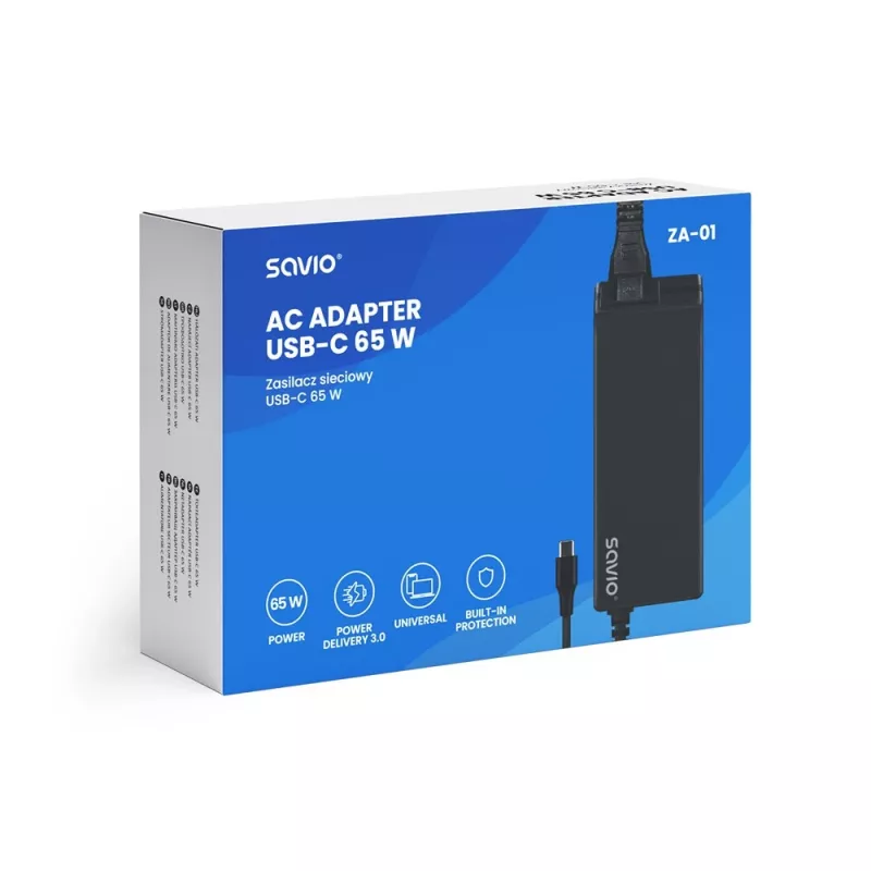 Carregador de CA para interiores SAVIO ZA-01, 65W USB-C PD 3.0, entrada 100–240V, conector único, preto