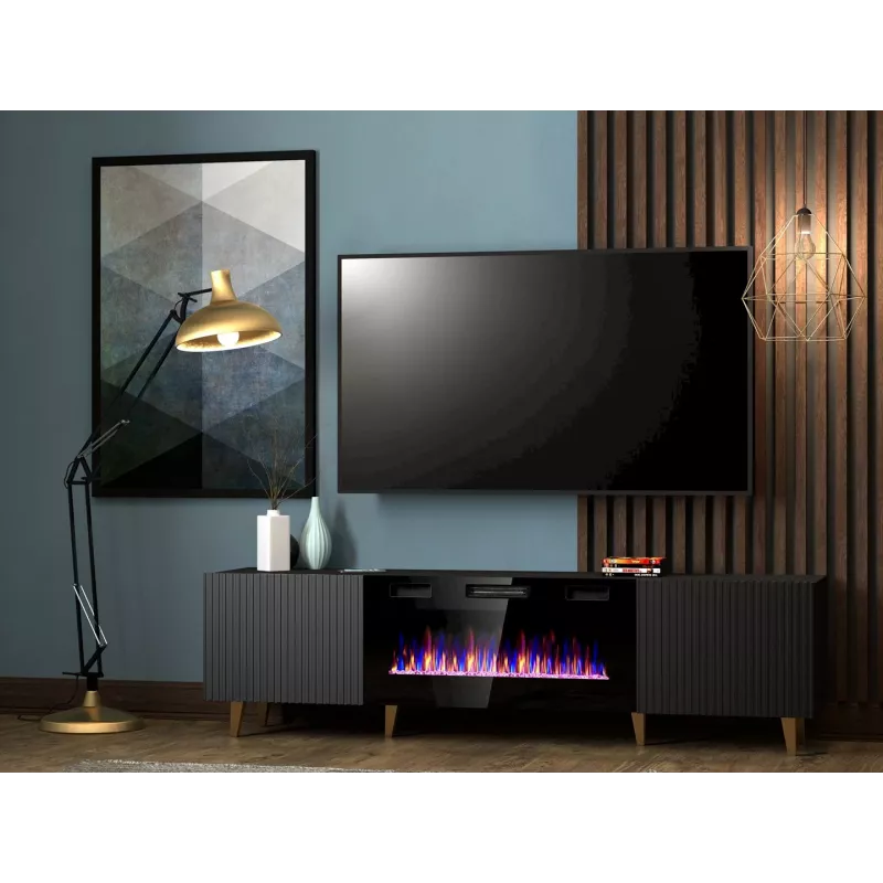 Móvel de TV Cama Meble PAFOS EF com lareira elétrica 180x42x49 cm, preto mate, 2 portas, 1400–1600 W