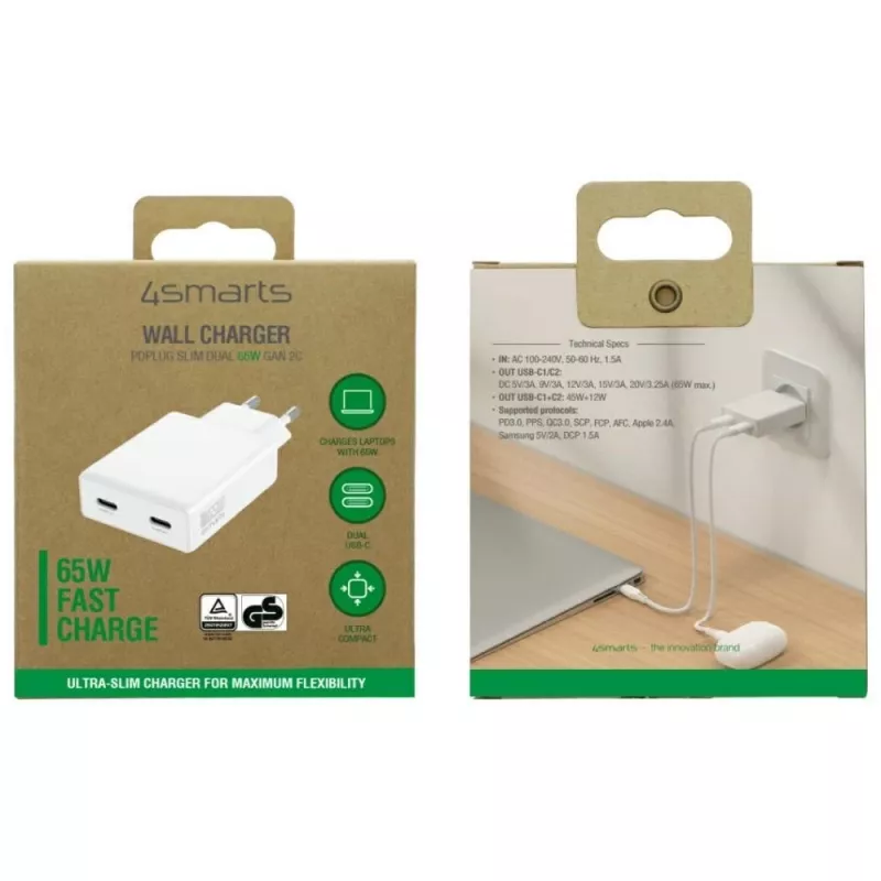 Carregador PDPlug Dual 65W GaN 2xUSB-C branco