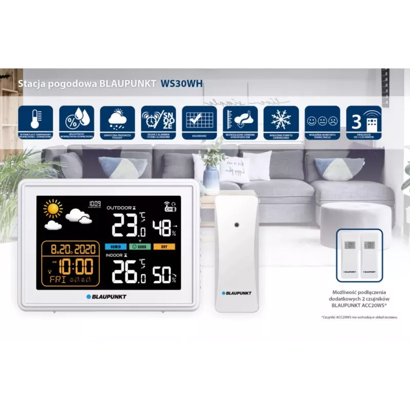 Estação meteorológica BLAUPUNKT WS30WH — monitor de temperatura e humidade interior e exterior