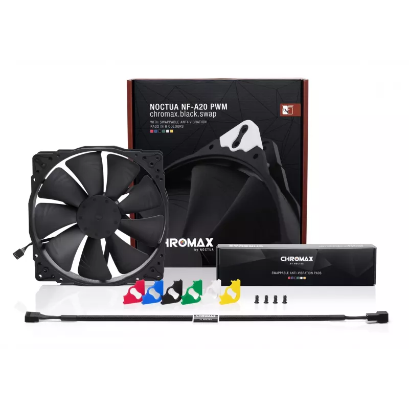 Noctua NF-A20 PWM chromax.black.swap ventoinha de caixa, 200 mm, 350–800 rpm, 18,1 dB, rolamento SSO2, preto