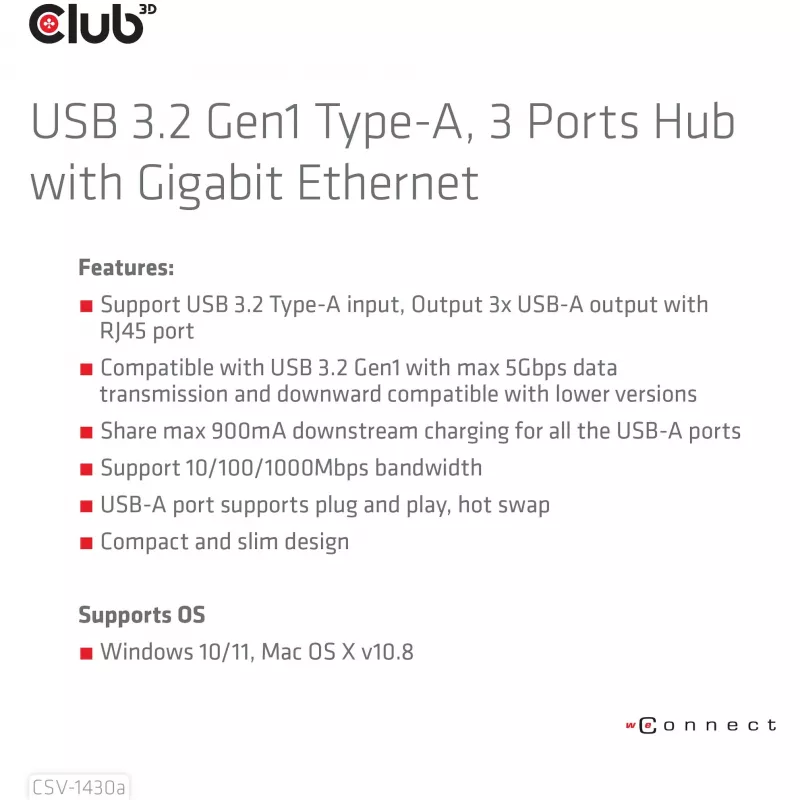 Hub USB CLUB3D USB 3.2 Gen1 Type-A com 3 portas e Gigabit Ethernet