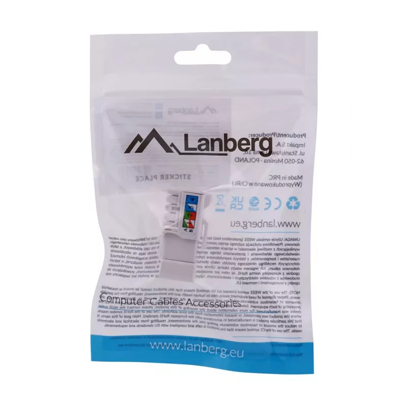 Módulo Keystone LANBERG KSU6-1090, Cat6 U/UTP plano, ficha RJ-45 para conector fêmea LSA, AWG 22/26, 14.5×16.1 mm, branco