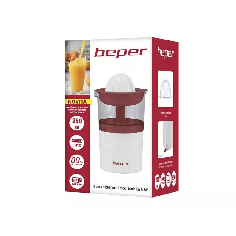 Beper P102EST100 espremedor de citrinos recarregável por USB, 250 ml, branco/vermelho