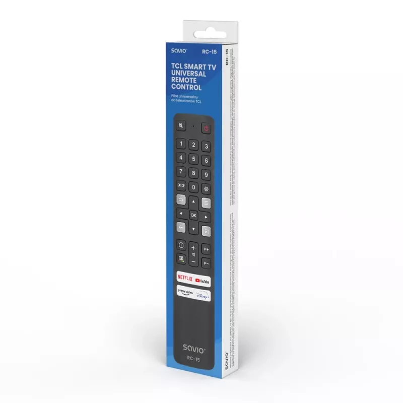Comando à distância universal SAVIO RC-15 para TCL SMART TV, IR sem fios, preto, alcance 10 m