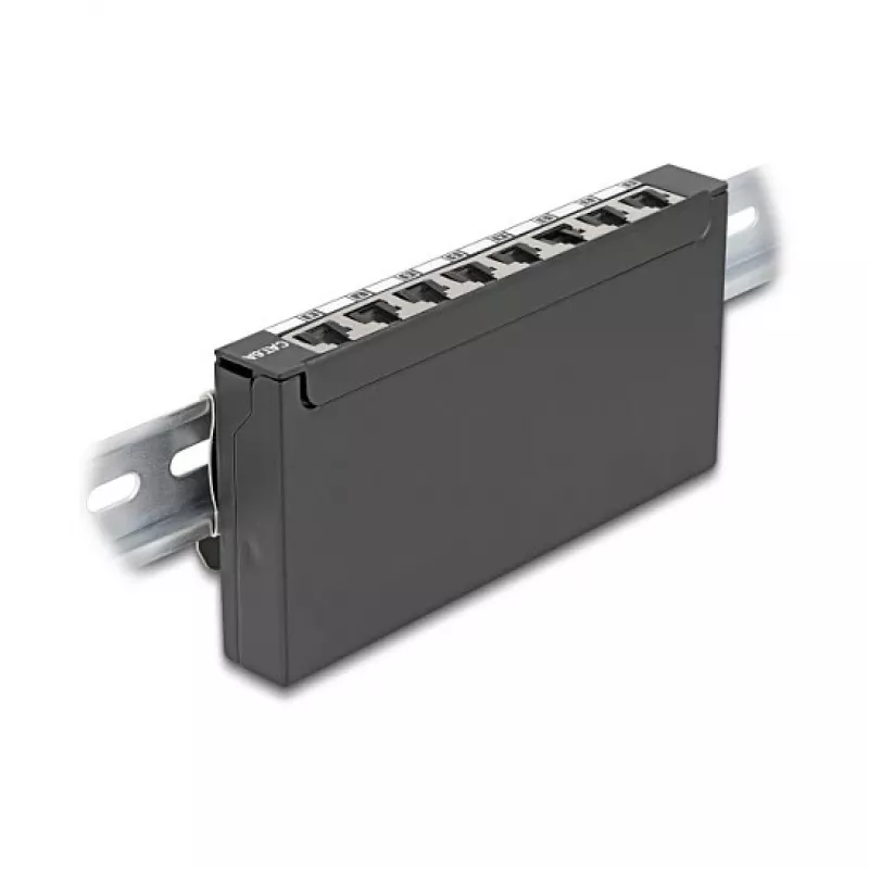 Patch panel DELOCK Mini Desktop RJ45 8 portas Cat.6A blindado preto para secretária, parede ou calha DIN