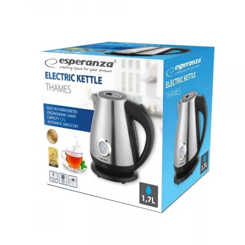 Chaleira ESPERANZA EKK029 — 1,7 L, 2200 W, aço inoxidável e plástico preto