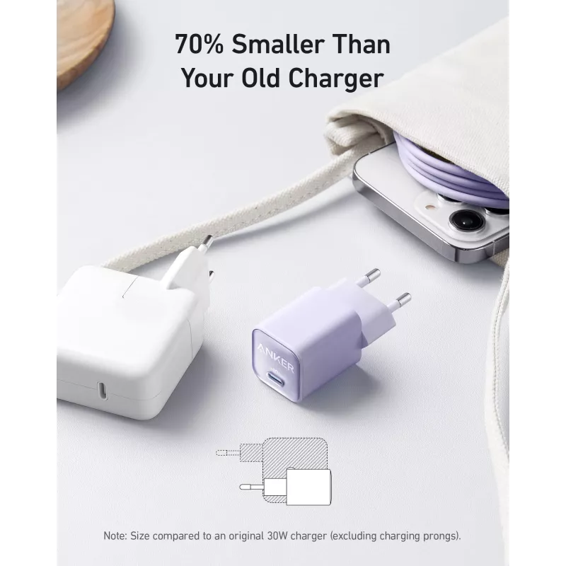 Carregador AC interior Anker 511 Nano 3 — 30W, 1× USB-C, 100–240V, preto