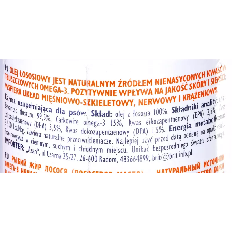 Óleo suplementar Brit Care BRIT 1000 ml – suplemento para pele e pelo de cães e gatos, frasco de 1 L