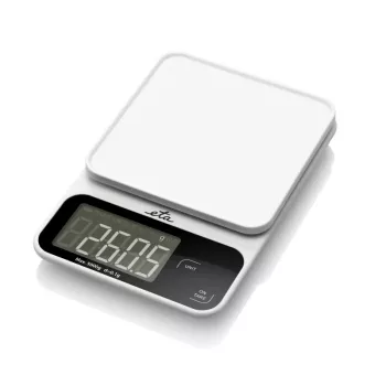 Balança de cozinha eletrónica ETA POPI branca — máx. 5 kg, precisão 1 g, visor LCD, pilhas AAA