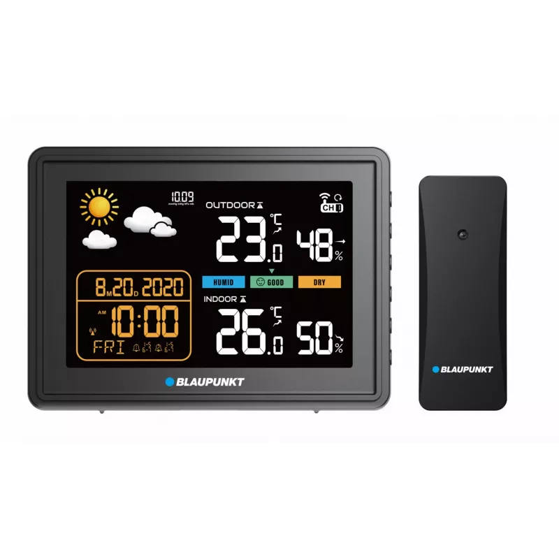 Estação meteorológica BLAUPUNKT WS30BK com sensor exterior sem fios, LCD a cores, relógio, alarme, barómetro, °C, 1 sensor