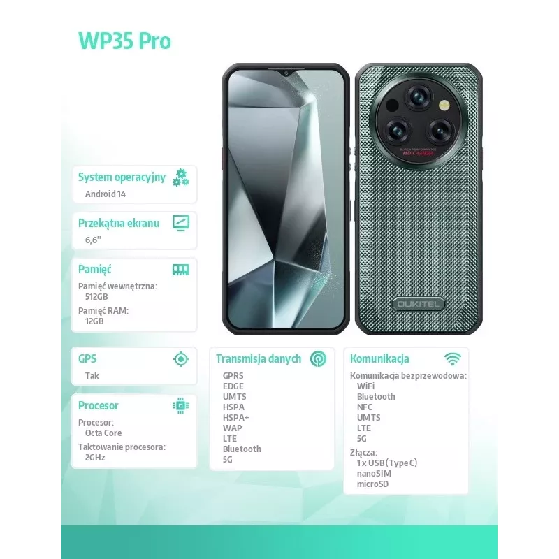 Smartphone Oukitel WP35 Pro 6,52 polegadas 12GB/512GB verde