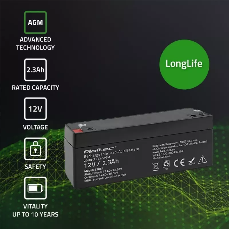 Bateria AGM selada QOLTEC 12V 2,3Ah para sistemas UPS e de backup, descarga máx. 34,5A