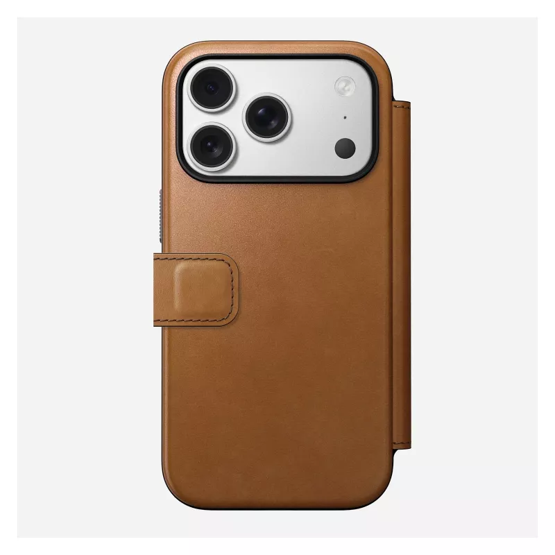 Capa tipo carteira Nomad Modern Leather Folio para iPhone 17 Pro, pele + alumínio, 6,3 polegadas (16 cm), tan, 3 compartimentos para cartões