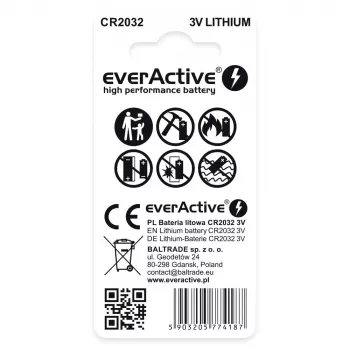 Pilha de lítio botão everActive CR2032 — 3V, 20 mm, 2 unid. embalagem blister