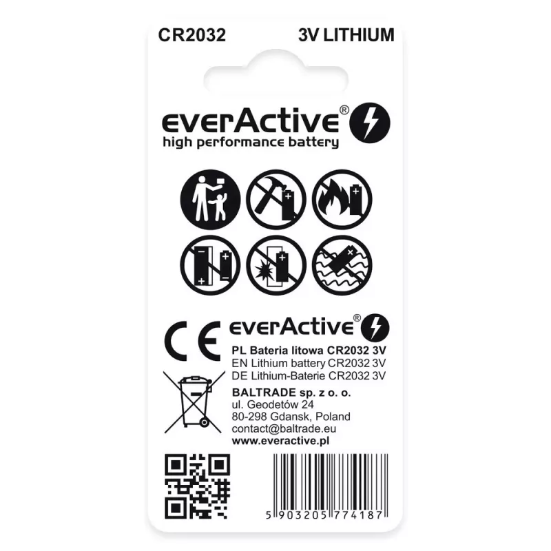 Pilha de lítio botão everActive CR2032 — 3V, 20 mm, 2 unid. embalagem blister