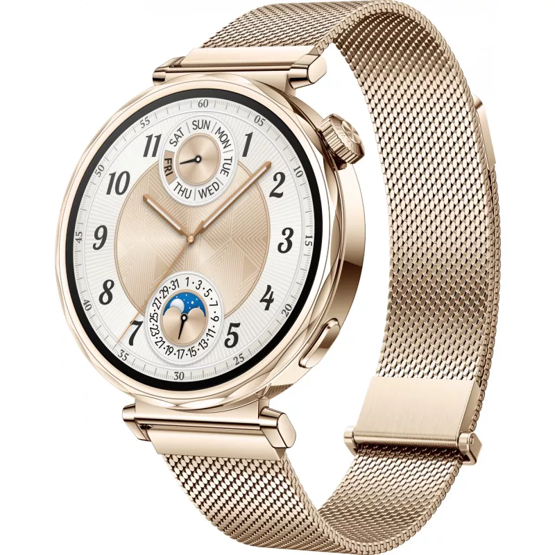 Smartwatch HUAWEI WATCH GT5 41 mm – 1,32 polegadas AMOLED, 466×466, 323 mAh, caixa em aço inoxidável, bracelete dourada