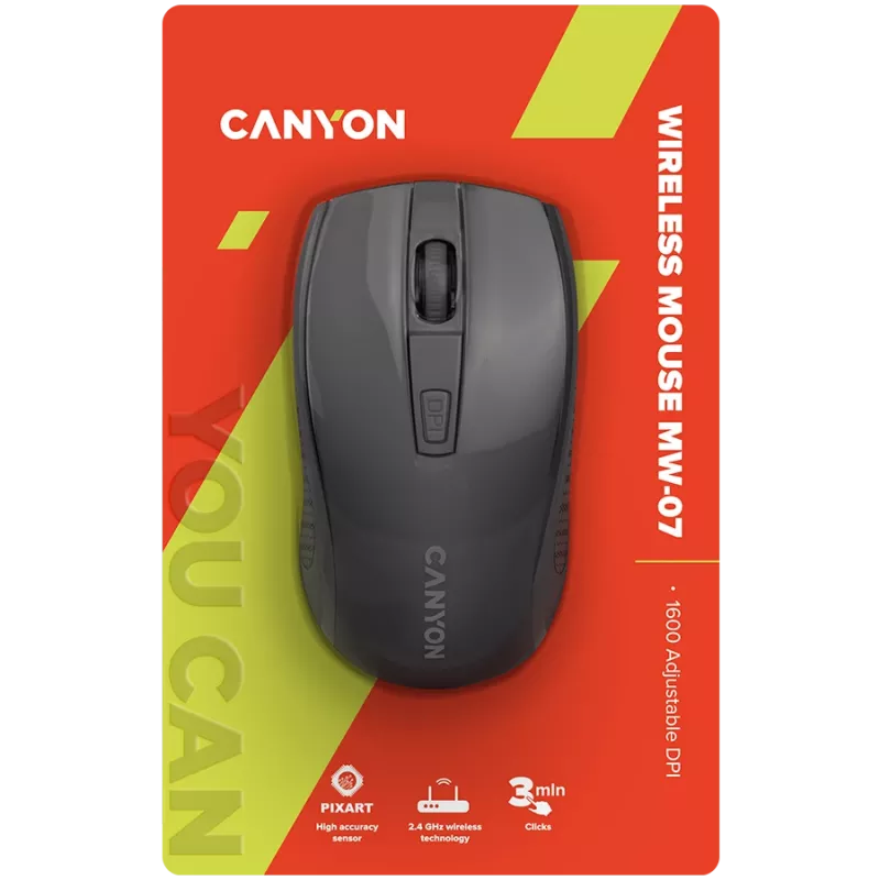 Rato sem fios CANYON MW-7, 2,4 GHz, 6 botões, DPI 800/1200/1600, com 1 pilha AA, tamanho 110*60*37 mm, 58 g, preto