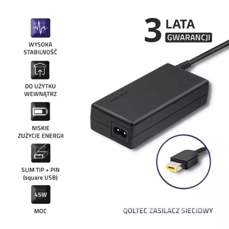Fonte de alimentação para portátil Qoltec Lenovo 45W 20V 2,25A Slimtip + Pin 50098.45W