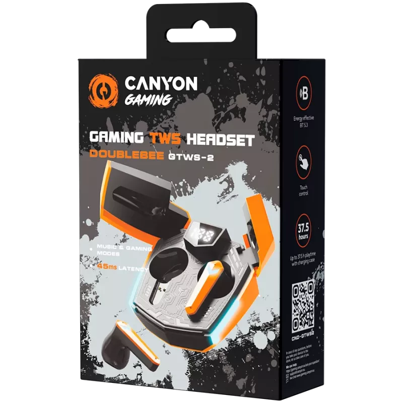 Auscultadores Canyon GTWS-2 sem fios Ear-Hook Gaming USB Type-C com dock de carregamento Laranja (CND-GTWS2O)