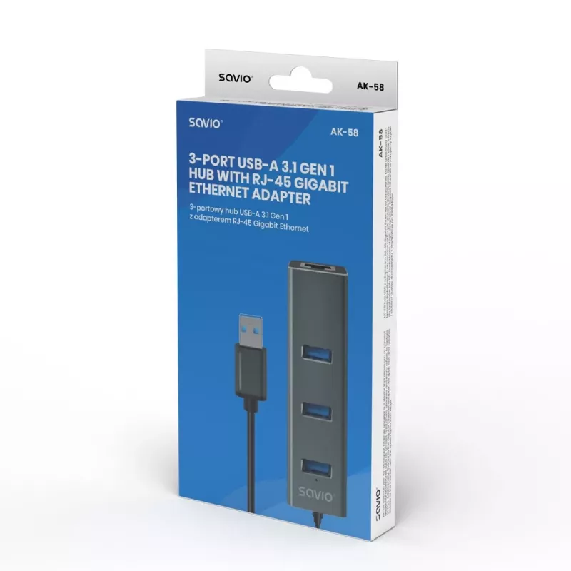 Hub USB-A SAVIO com RJ-45 Gigabit Ethernet AK-57 — 3× USB-A + RJ-45, USB 3.2 Gen 1 Micro‑B host, 5 Gbit/s, 4 portas, cinzento