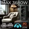 Power Splitter MACLEAN MCE248 F/B — 3 tomadas AC (1x16A, 2x6A) e 4 portas USB (2xUSB‑A, 2xUSB‑C PD 20W), ficha EU, preto