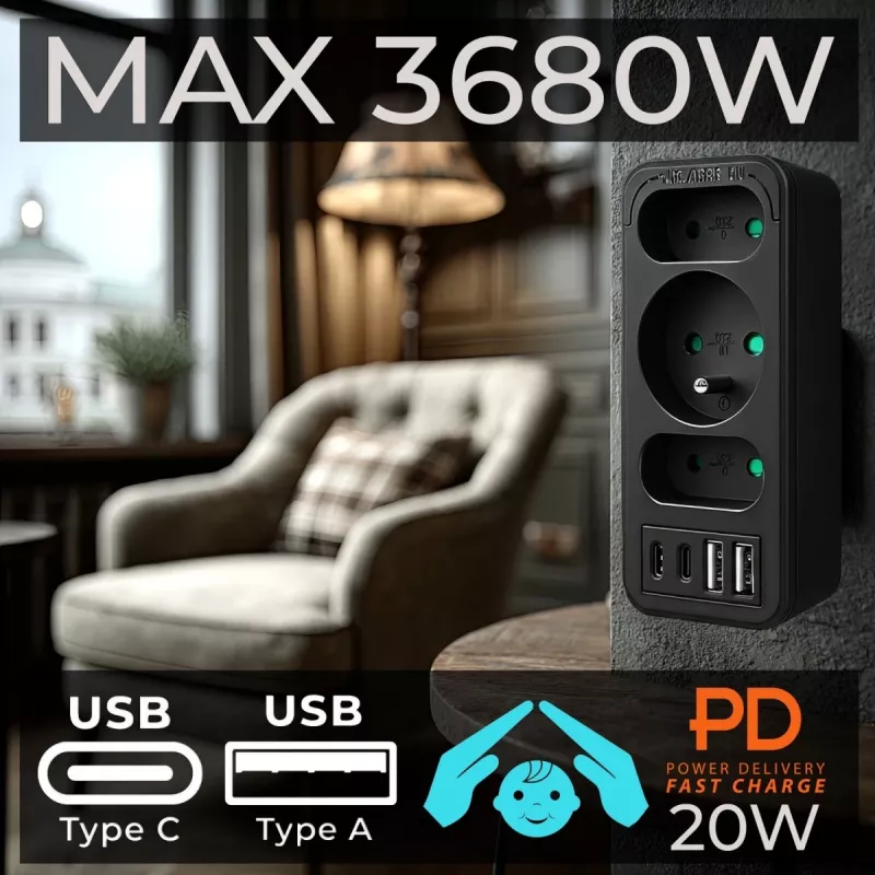 Power Splitter MACLEAN MCE248 F/B — 3 tomadas AC (1x16A, 2x6A) e 4 portas USB (2xUSB‑A, 2xUSB‑C PD 20W), ficha EU, preto