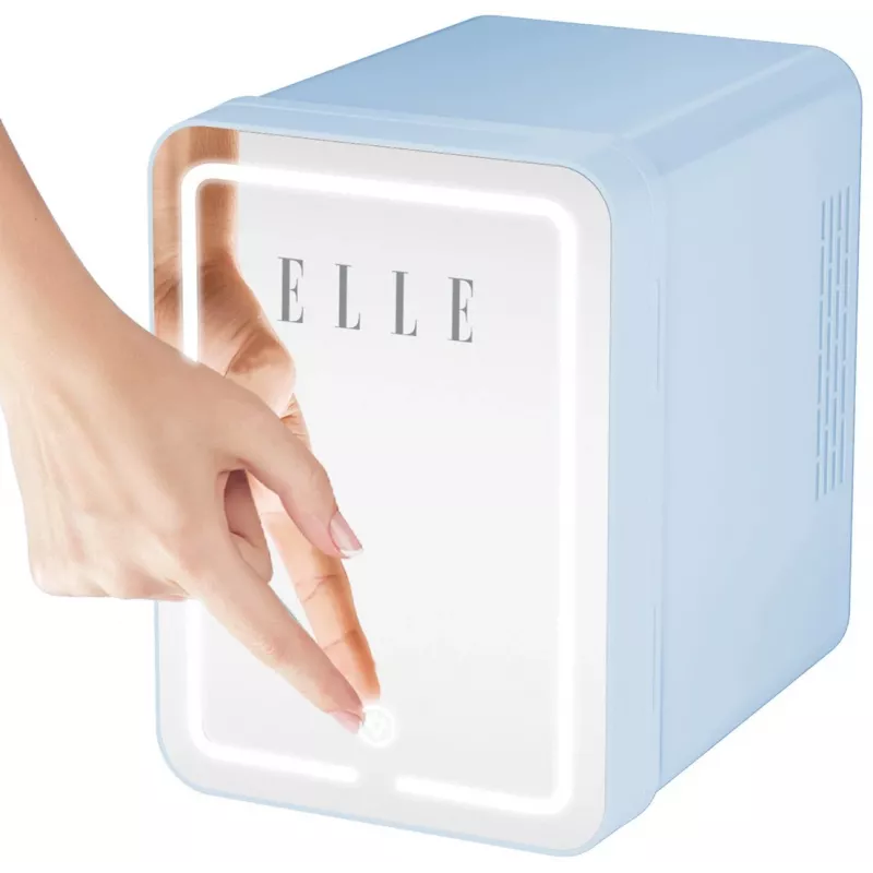 Mini-frigorífico com espelho de maquilhagem LED Elle 4 L azul — frigorífico pessoal para cosméticos