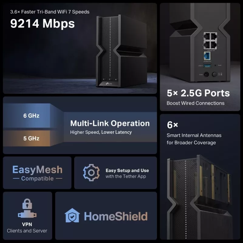 Router TP-Link Archer BE9300 Tri-Band Wi-Fi 7, Wi-Fi 7 (802.11be), Tri-Band (2,4 GHz / 5 GHz / 6 GHz), Ethernet LAN, preto, router de mesa