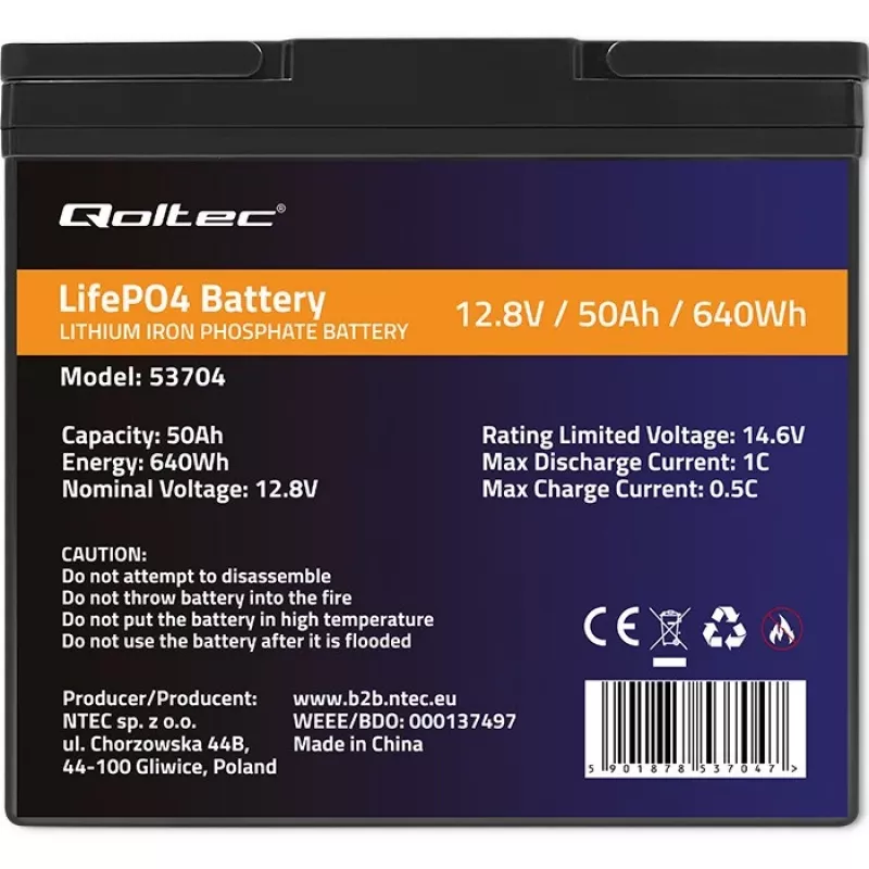 Bateria LiFePO4 QOLTEC 12,8 V 50 Ah (modelo 53704) para backup e armazenamento de energia