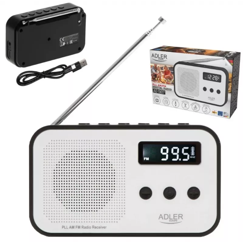 Adler AD 1907 rádio digital PLL, AM/FM, 40 estações pré-definidas, alarme com soneca, USB-C, bateria recarregável integrada, ficha de 3,5 mm, branco/preto