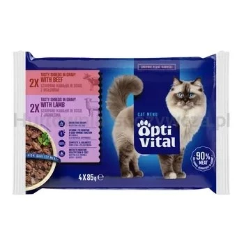 OptiVital saco - alimento completo para gatos adultos. Com borrego e bovino 4x85g
