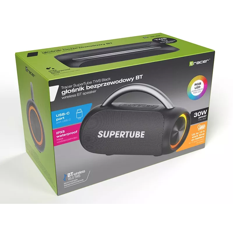 Tracer SuperTube TWS Coluna Bluetooth portátil, 30 W, IPX5, preto