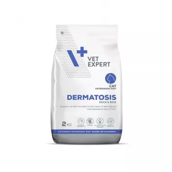 Comida seca para gatos VETEXPERT Veterinary Diet Dermatosis pato e arroz 2 kg – dieta veterinária hipoalergénica para problemas de pele, 32 % proteína, 18 % gordura