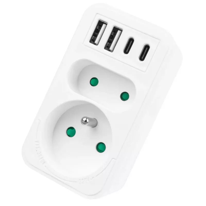 Power Splitter MACLEAN MCE249 F/W – 2 tomadas de rede (16A + 6A) e 4x USB (2x A, 2x C PD 20W)
