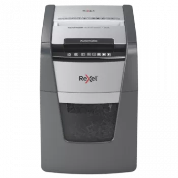 Destruidora de documentos REXEL Optimum AutoFeed+ 100X — alimentação automática de 100 folhas, corte cruzado 4 x 28 mm, recipiente 34 L, alumínio