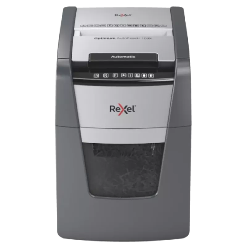 Rexel Optimum AutoFeed+ 100X trituradora de papel, corte em partículas P-4 4x28 mm, 100 folhas, cesto de 34 L