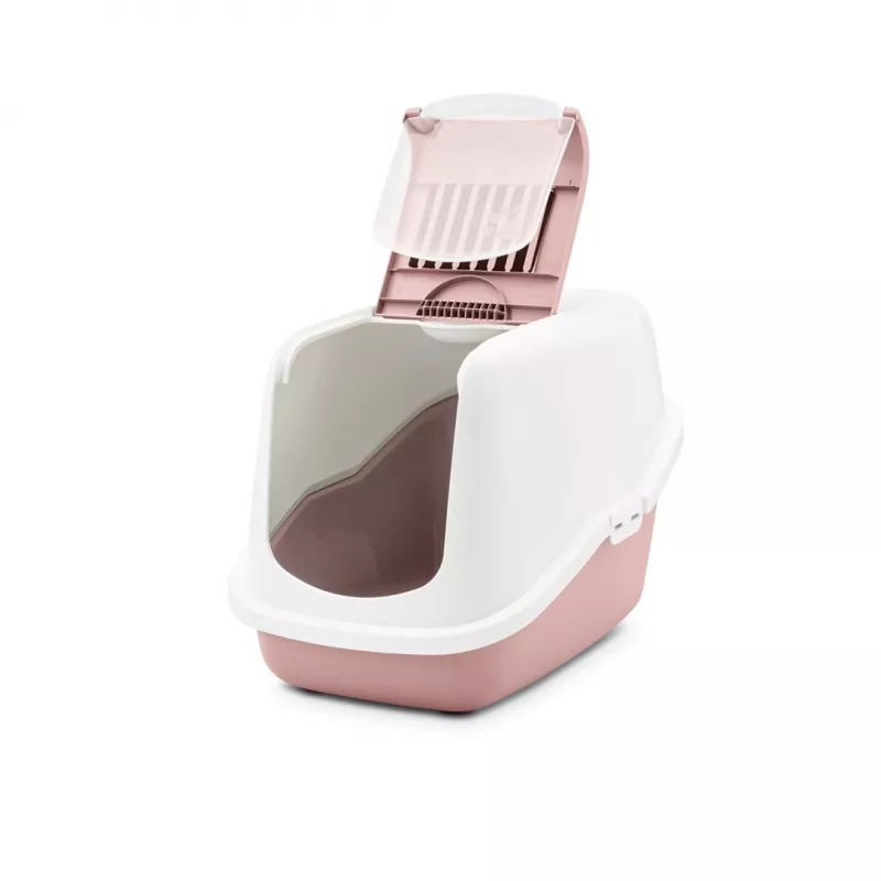 Caixa de areia para gatos com tampa Savic Nestor branco-rosa, bandeja fechada com tampa, 56×39×38,5 cm