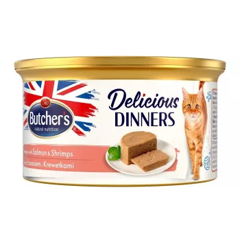 Comida húmida para gatos butcher's Mousse Delicious Dinners salmão e camarão 85 g, proteína 9,5 %, gordura 4 %
